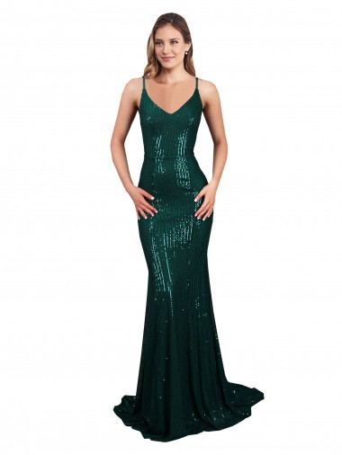 Sequin Mermaid Long Sleeveless Low Back Dark Green Prom Dresses Barrie