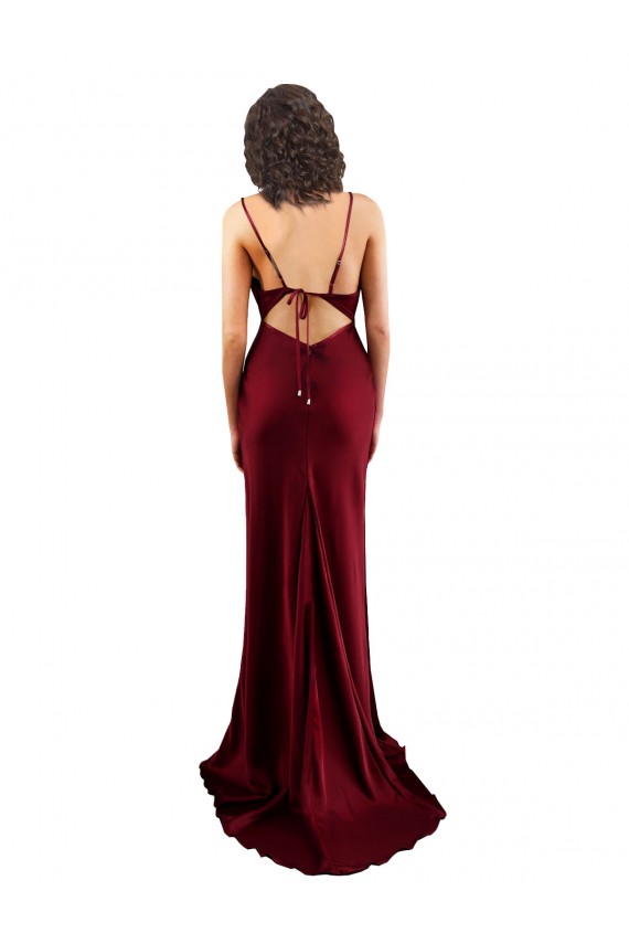 Silk like Satin Sheath Long Sleeveless Criss Cross Open Back Burgundy Prom Dresses Barrie