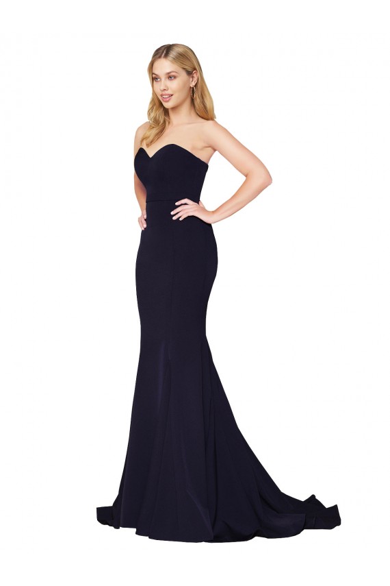 Stretch Crepe Mermaid Sweep Train Sleeveless Dark Navy Prom Dresses Barrie