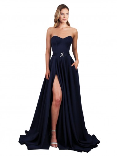 Stretch Crepe A-Line Long Sleeveless Low Back Dark Navy Prom Dresses Barrie